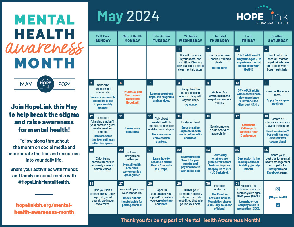 Mental Health Awareness calendar